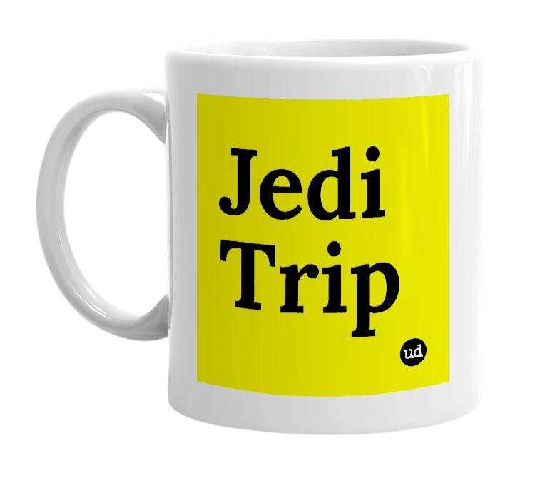White mug with 'Jedi Trip' in bold black letters