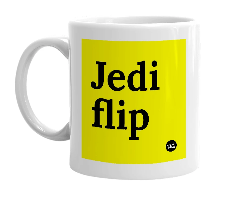 White mug with 'Jedi flip' in bold black letters