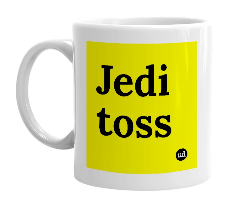 White mug with 'Jedi toss' in bold black letters