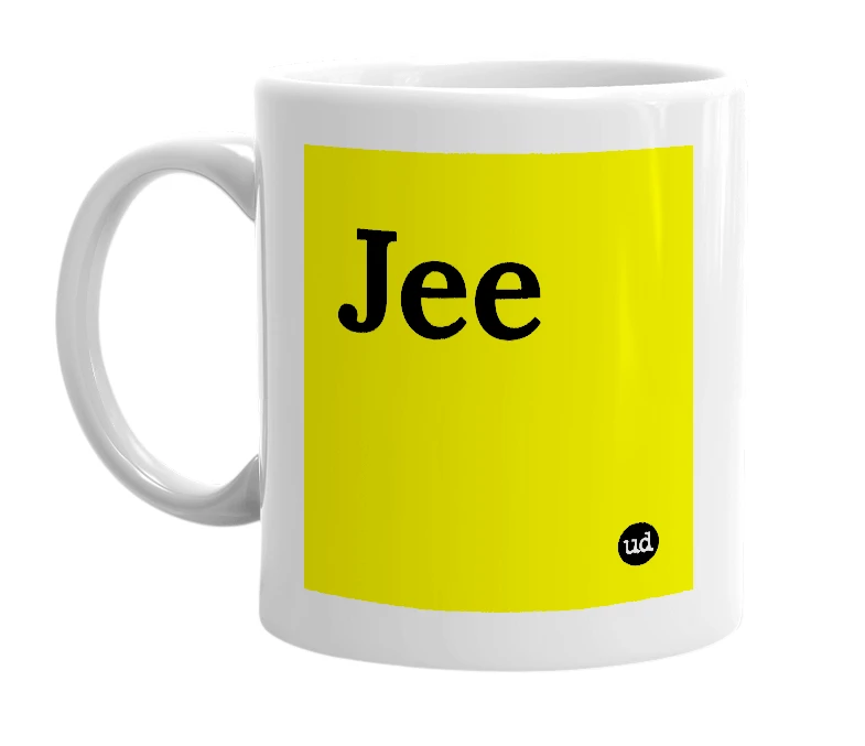 White mug with 'Jee' in bold black letters