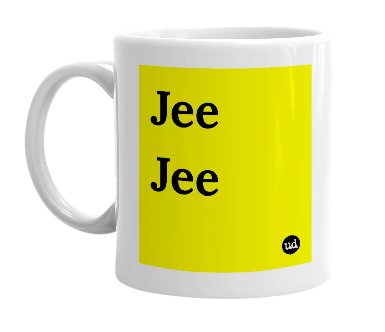 White mug with 'Jee Jee' in bold black letters