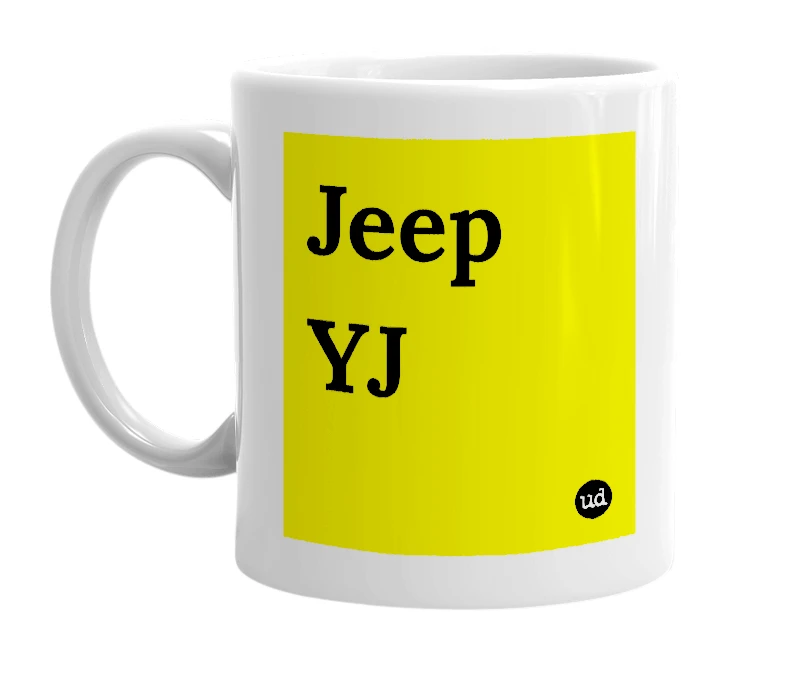 White mug with 'Jeep YJ' in bold black letters
