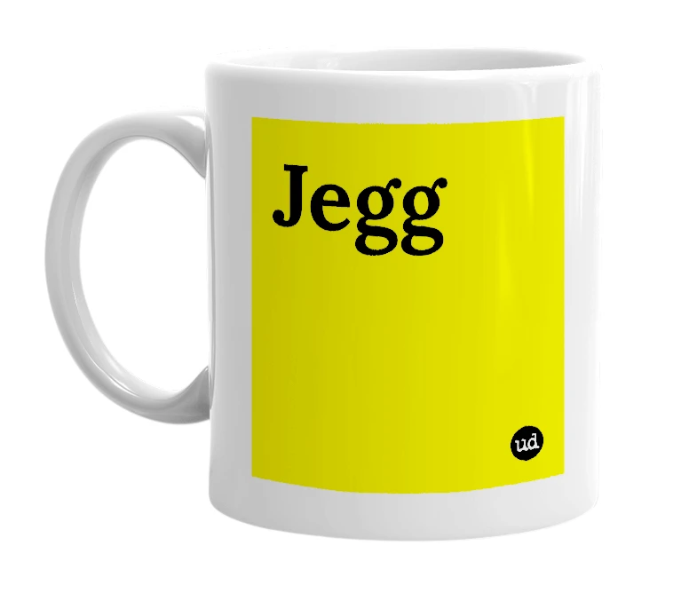 White mug with 'Jegg' in bold black letters