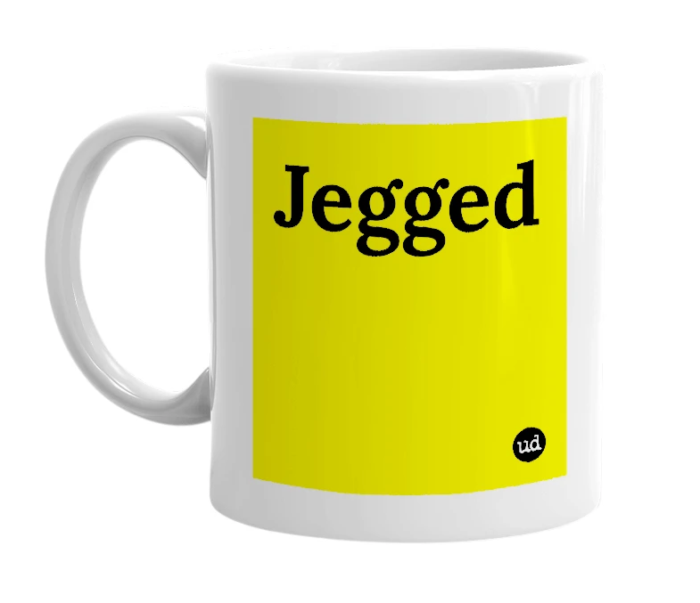 White mug with 'Jegged' in bold black letters