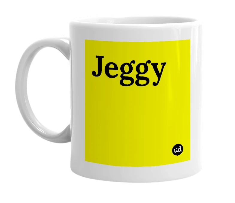 White mug with 'Jeggy' in bold black letters