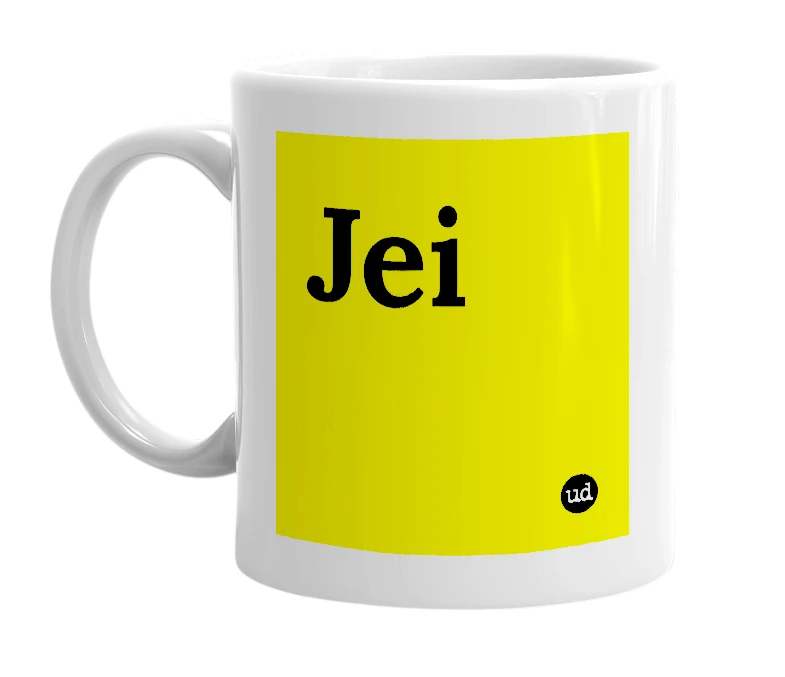 White mug with 'Jei' in bold black letters