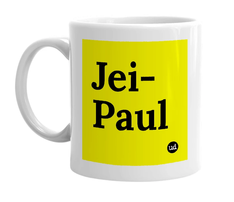White mug with 'Jei-Paul' in bold black letters