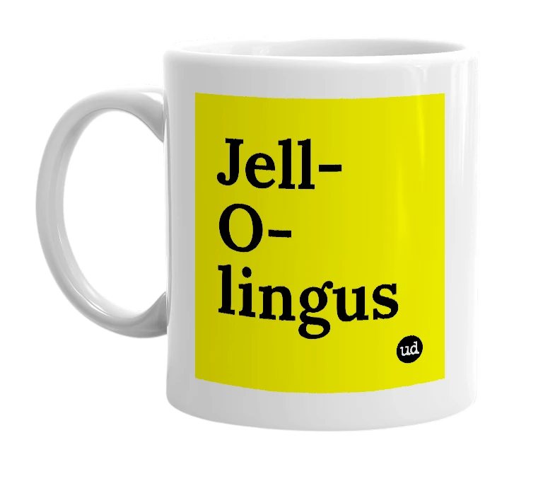 White mug with 'Jell-O-lingus' in bold black letters