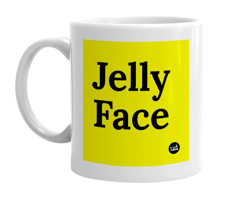 White mug with 'Jelly Face' in bold black letters