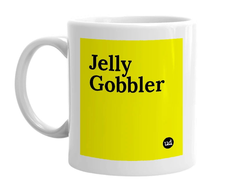 White mug with 'Jelly Gobbler' in bold black letters