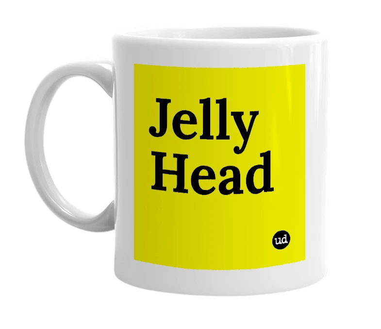 White mug with 'Jelly Head' in bold black letters