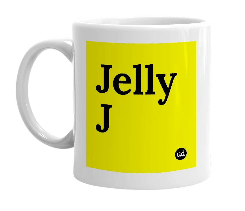 White mug with 'Jelly J' in bold black letters