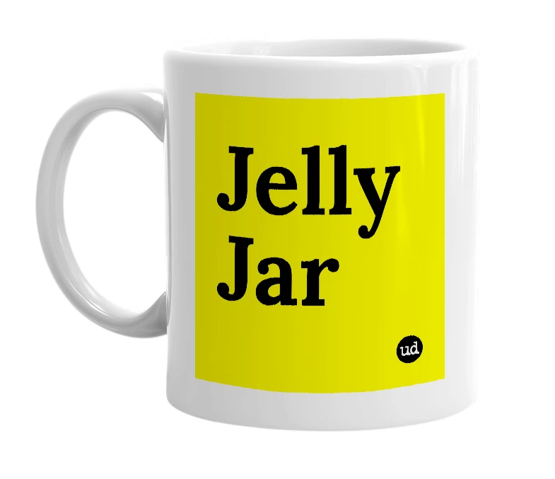 White mug with 'Jelly Jar' in bold black letters