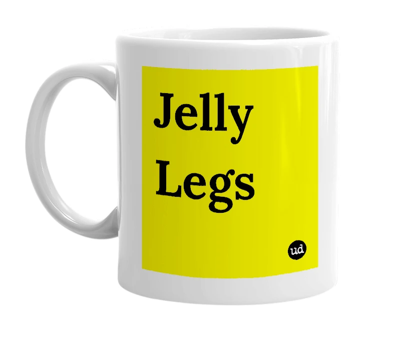 White mug with 'Jelly Legs' in bold black letters