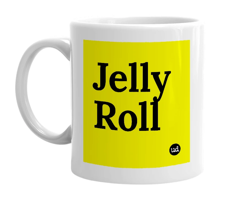 White mug with 'Jelly Roll' in bold black letters