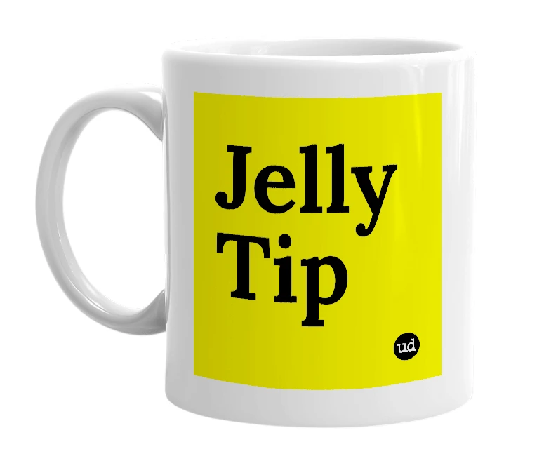 White mug with 'Jelly Tip' in bold black letters