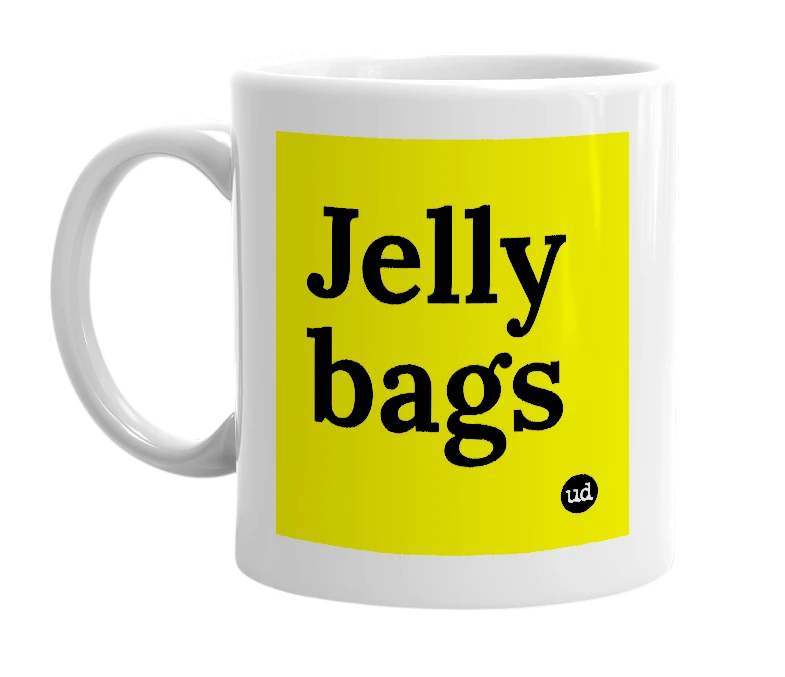 White mug with 'Jelly bags' in bold black letters