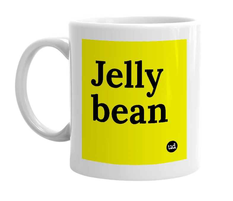 White mug with 'Jelly bean' in bold black letters