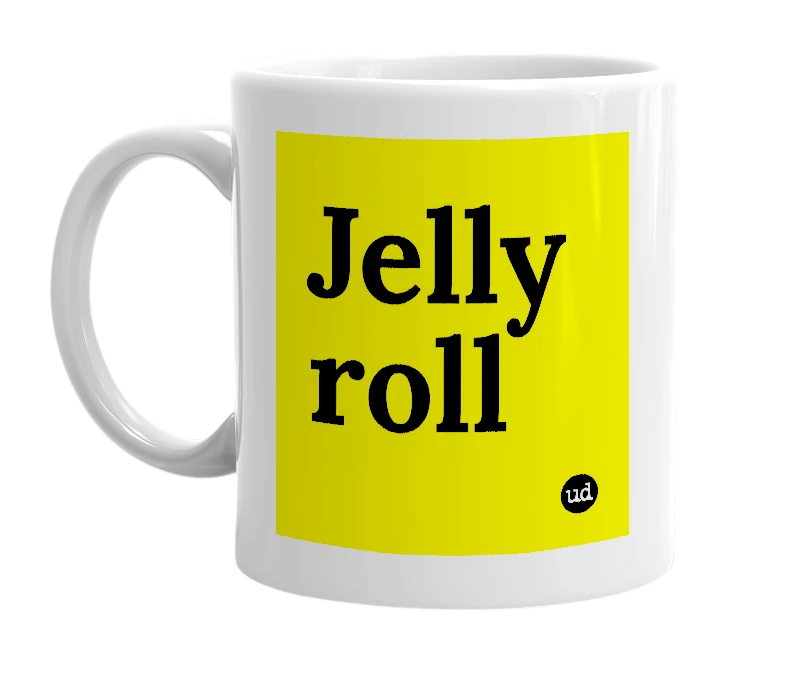 White mug with 'Jelly roll' in bold black letters