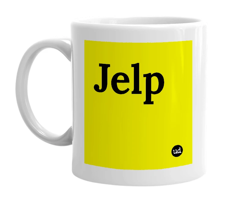 White mug with 'Jelp' in bold black letters