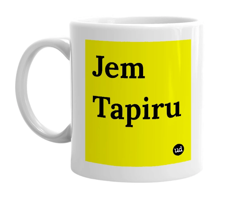 White mug with 'Jem Tapiru' in bold black letters