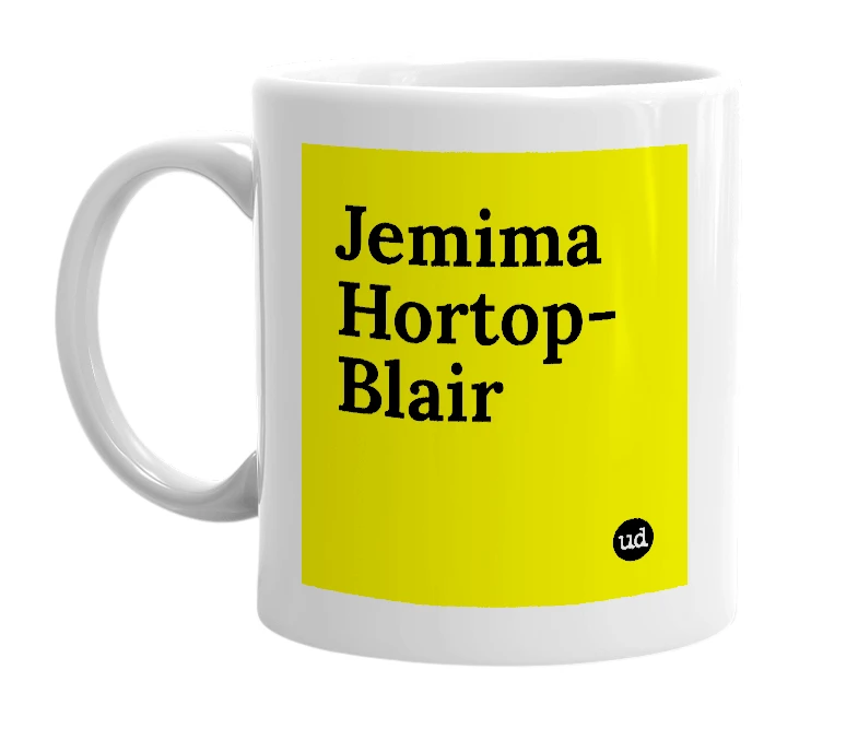 White mug with 'Jemima Hortop-Blair' in bold black letters
