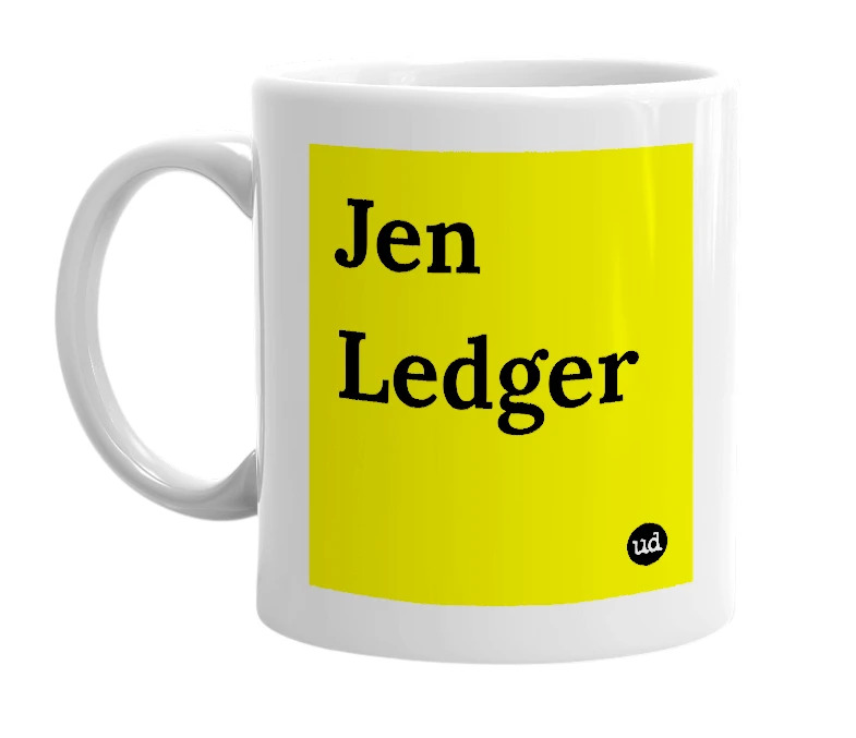 White mug with 'Jen Ledger' in bold black letters