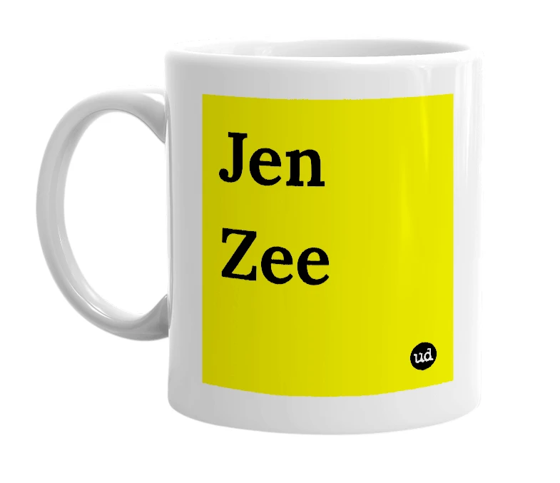 White mug with 'Jen Zee' in bold black letters