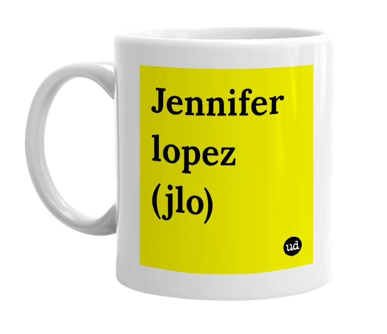 White mug with 'Jennifer lopez (jlo)' in bold black letters