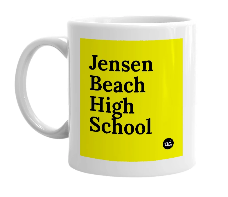 White mug with 'Jensen Beach High School' in bold black letters