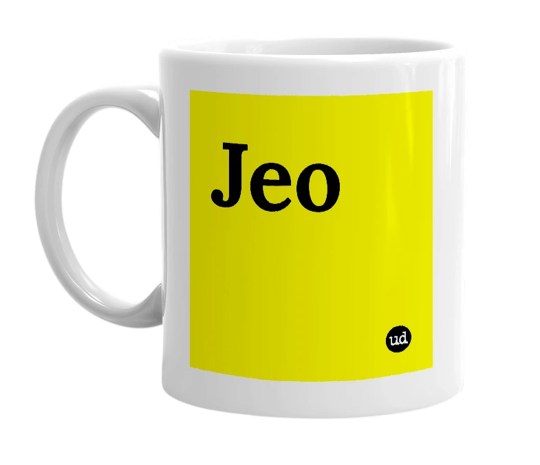White mug with 'Jeo' in bold black letters