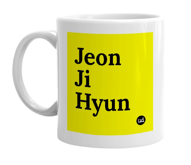 White mug with 'Jeon Ji Hyun' in bold black letters