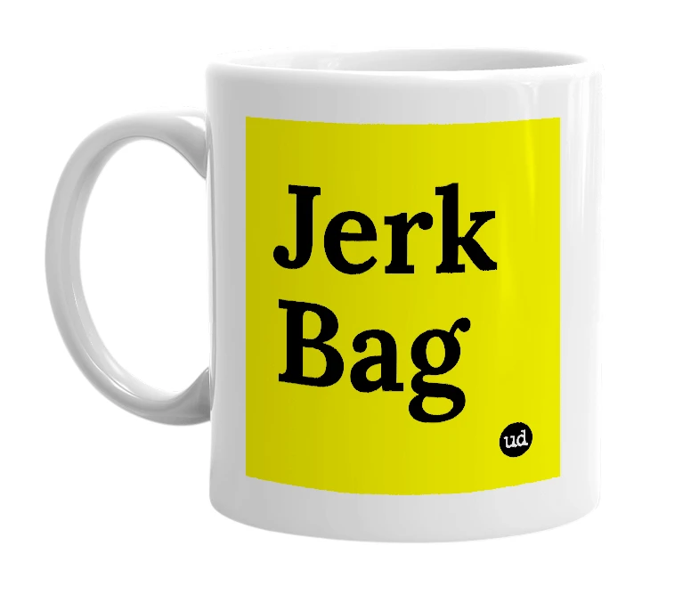 White mug with 'Jerk Bag' in bold black letters