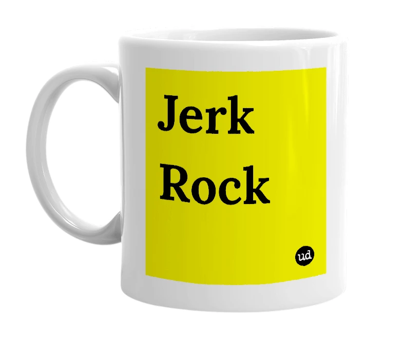 White mug with 'Jerk Rock' in bold black letters