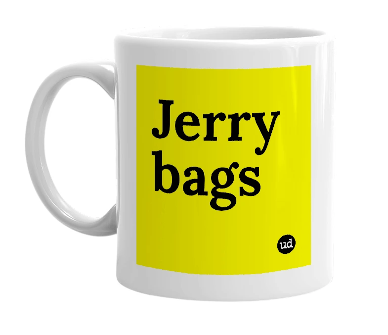 White mug with 'Jerry bags' in bold black letters