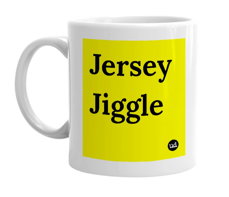 White mug with 'Jersey Jiggle' in bold black letters