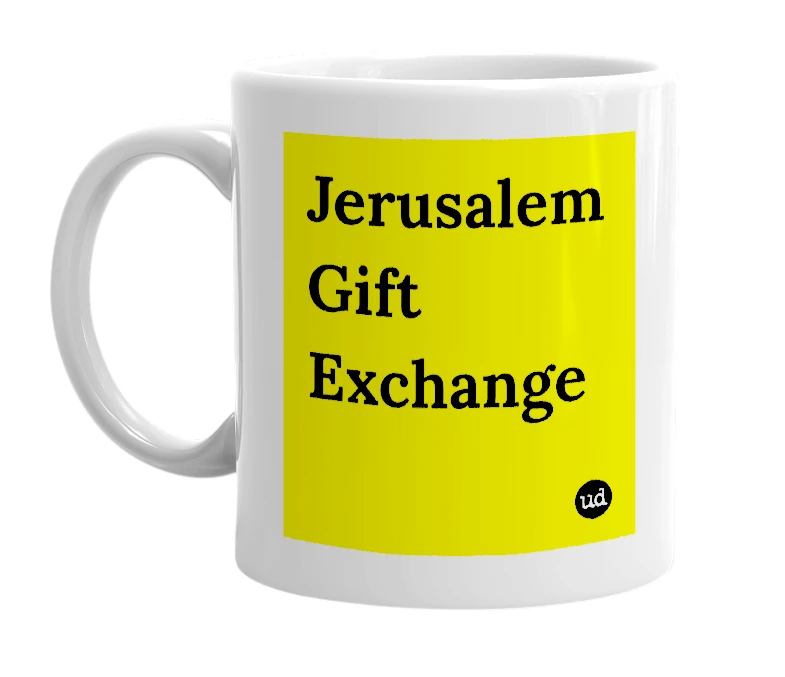 White mug with 'Jerusalem Gift Exchange' in bold black letters