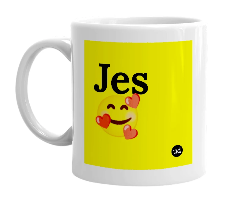 White mug with 'Jes🥰' in bold black letters