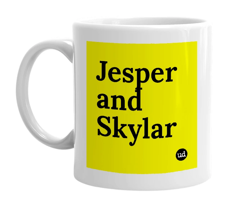 White mug with 'Jesper and Skylar' in bold black letters