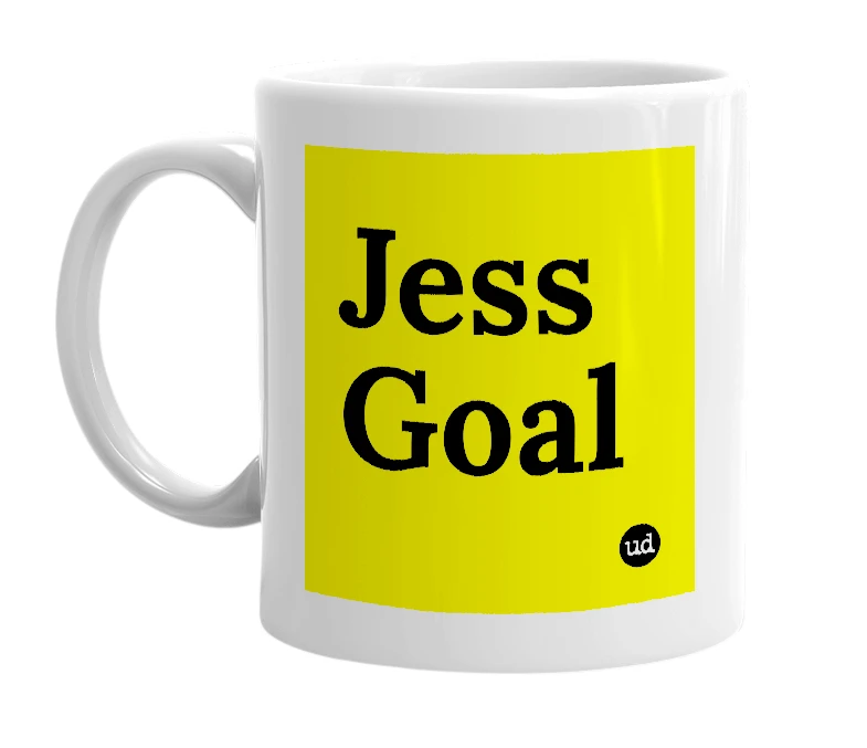 White mug with 'Jess Goal' in bold black letters