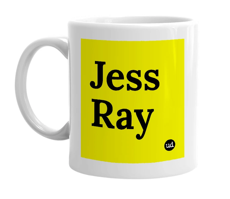 White mug with 'Jess Ray' in bold black letters