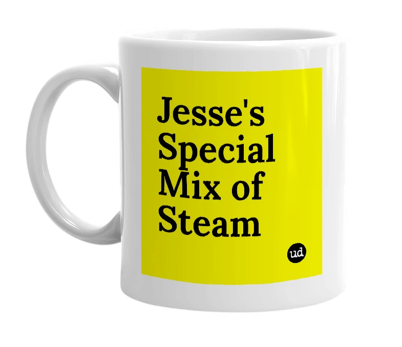 White mug with 'Jesse's Special Mix of Steam' in bold black letters