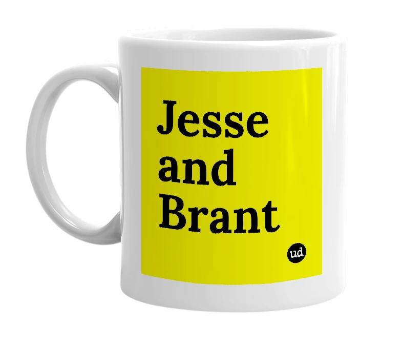 White mug with 'Jesse and Brant' in bold black letters