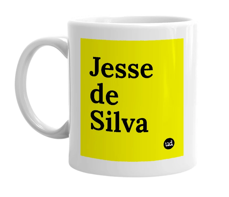 White mug with 'Jesse de Silva' in bold black letters