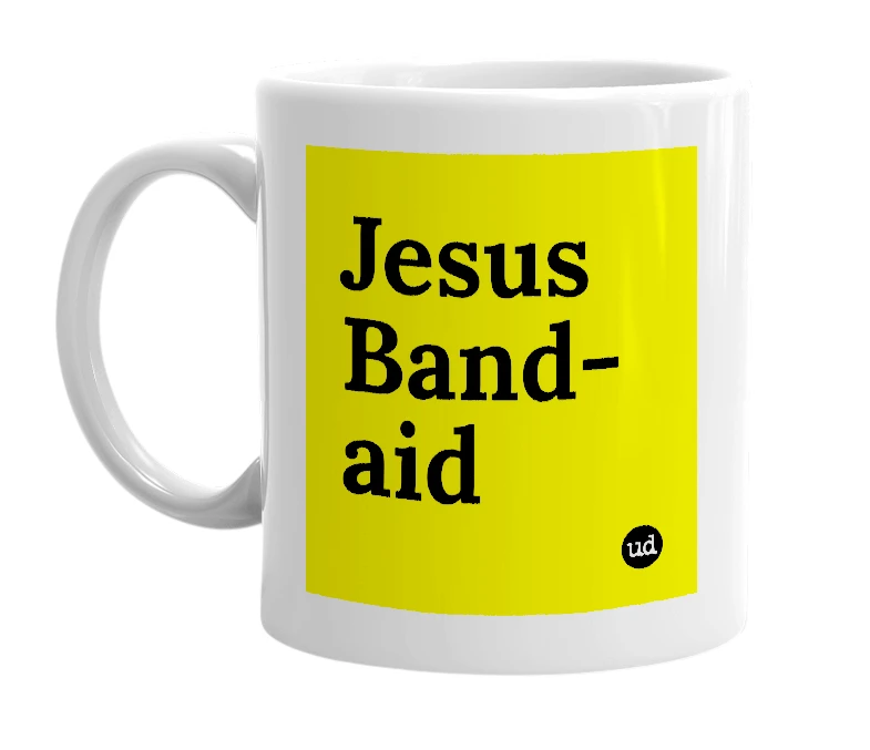 White mug with 'Jesus Band-aid' in bold black letters