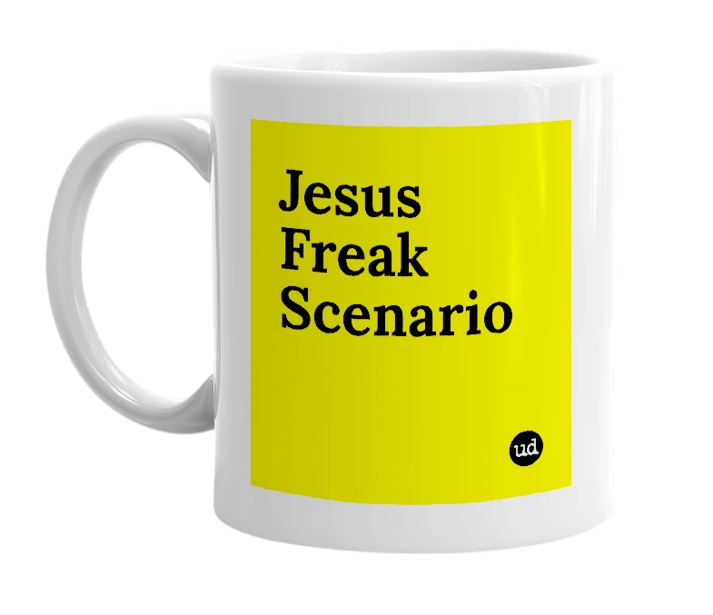 White mug with 'Jesus Freak Scenario' in bold black letters