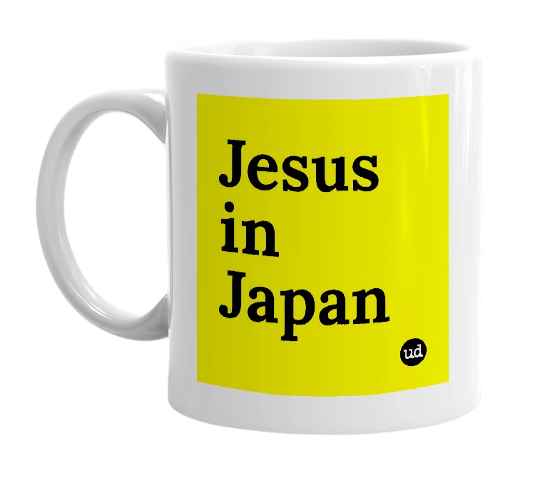 White mug with 'Jesus in Japan' in bold black letters