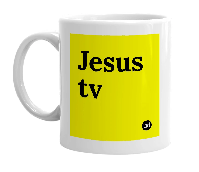 White mug with 'Jesus tv' in bold black letters