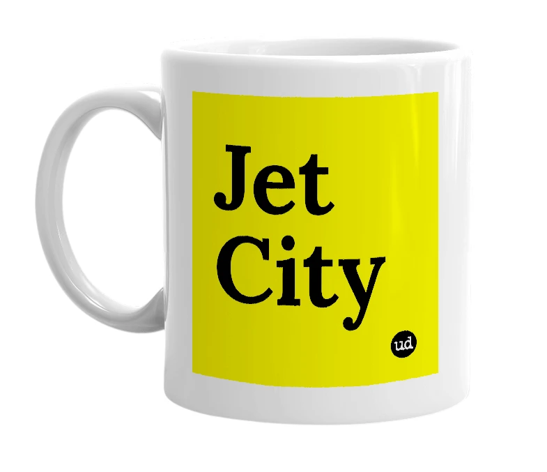 White mug with 'Jet City' in bold black letters