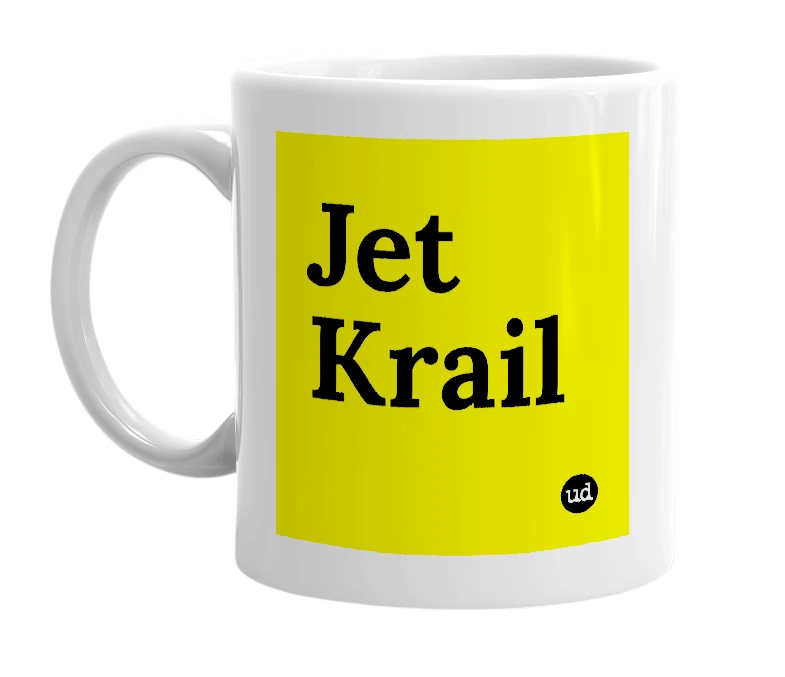 White mug with 'Jet Krail' in bold black letters